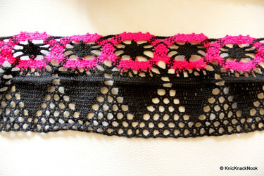 Black And Fuchsia Pink Embroidery Crochet One Yard Lace Trims, Indian Laces, Indian Trims